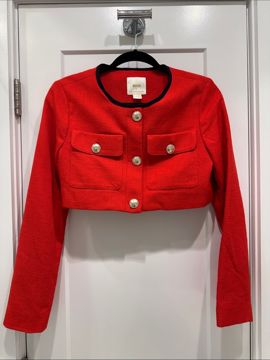 Anthropologie Jackets & Blazers - Anthropologie Red Cropped Button-Front Blazer with Black Trim